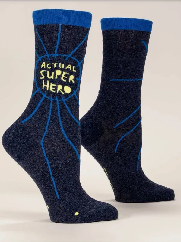 Blue Q Navy Crew Socks with Yellow 'Actual Super Hero' Text - Image 3