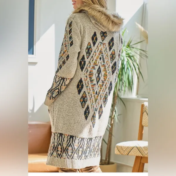 Northern angle ON BLUE AZTEC LONG CARDIGAN fur hooded SWEATER WESTERN BOHO.SZ L - Image 2