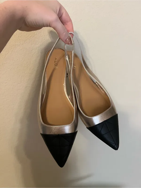 Aldo Black Pointed Toe Metallic Gold Slingback Flats - Image 5