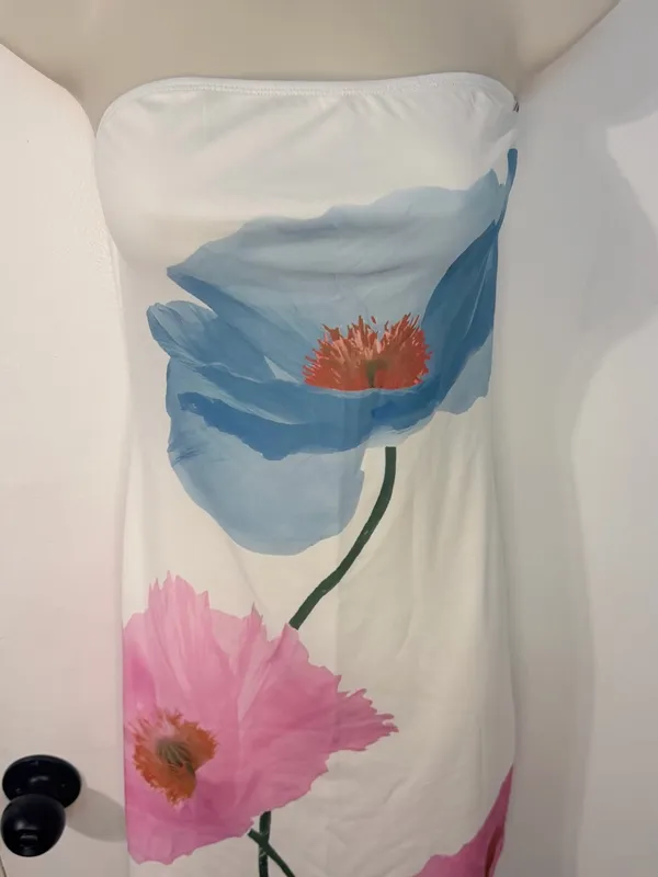Strapless Mini Dress White Blue Pink Poppy Floral Stretch Size M No Tag - Image 4