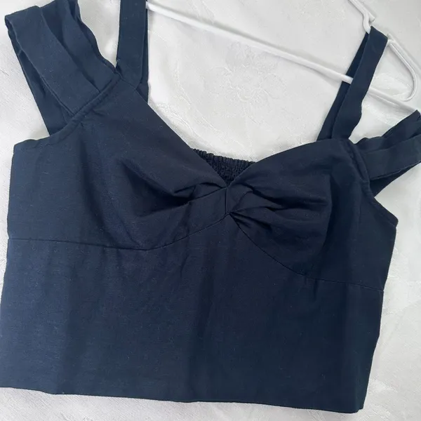 Anthropologie Maeve Size-XS Black‎ Linen Off The Shoulder Twist Crop Top - Image 11