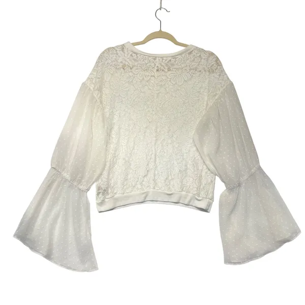 Free People White Floral Lace Swiss Dot Bell Sleeve Blouse‎ Top Ivory Medium - Image 6