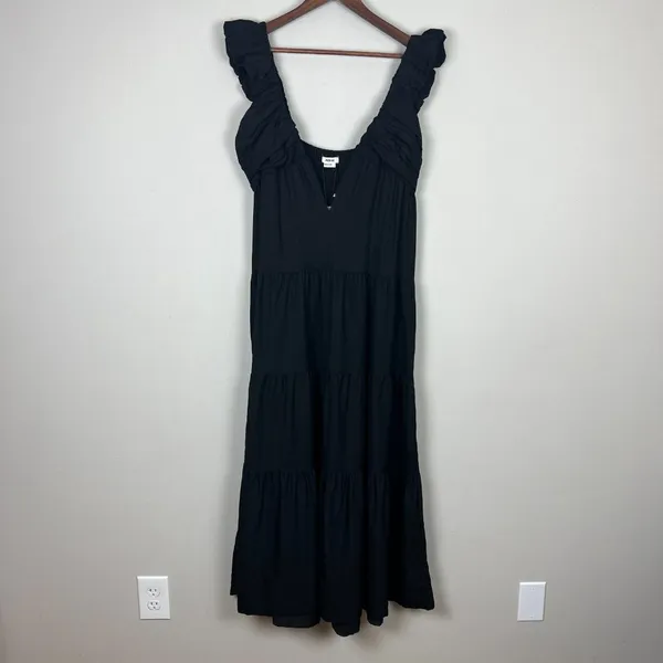 Jason Wu‎ Maxi Dress Womens Large Black Tiered Linen Blend Pleated A-Line L FLAW - Image 14