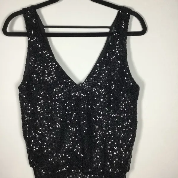 Astr Black All Over Sequin Glam Club Party‎ Concert Deep V Mini Dress S/M - Image 2