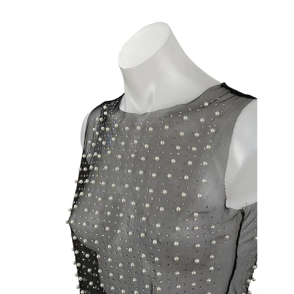 Women's Black Mesh Sheer Beaded Rhinestone Pearl Cami Tank Crop Top Size S - Image 2