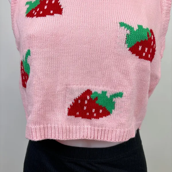 Shein Women Pink Strawberry Print Knit Crew Neck Crop Sleeveless Vest Sweater S - Image 4