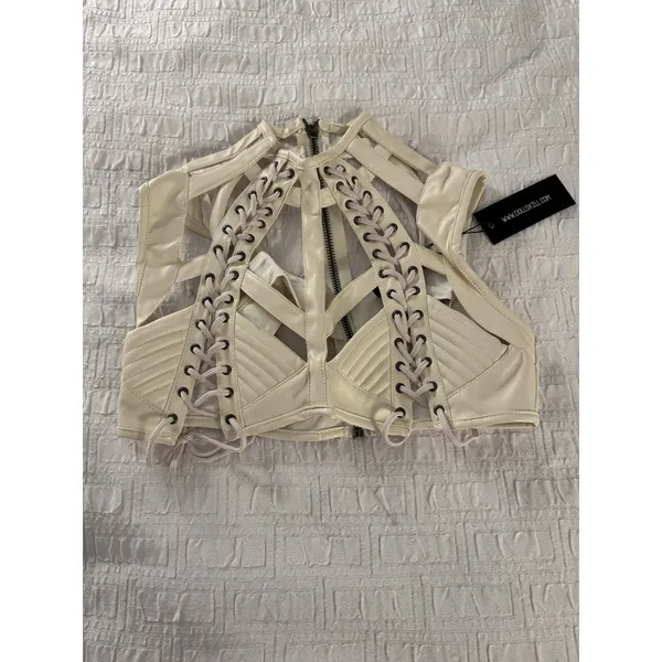 Dolls kill RUDE AWAKENING HARNESS BRA TOP Size Small Club Exx Ivory Faux Leather - Image 3