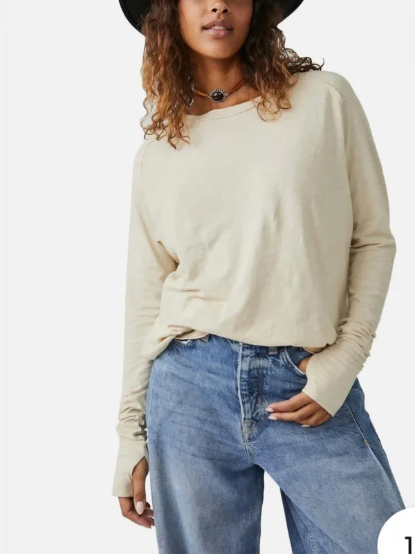 O We The Free Relaxed, Oversized Crew Neck Tee in Beige With Thumbholes XL - Image 2