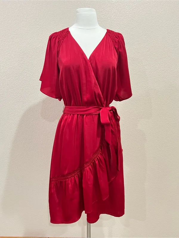 Maurices Deep Red Semi Satin Faux Wrap Ruffle Midi Dress Size Medium - Image 7