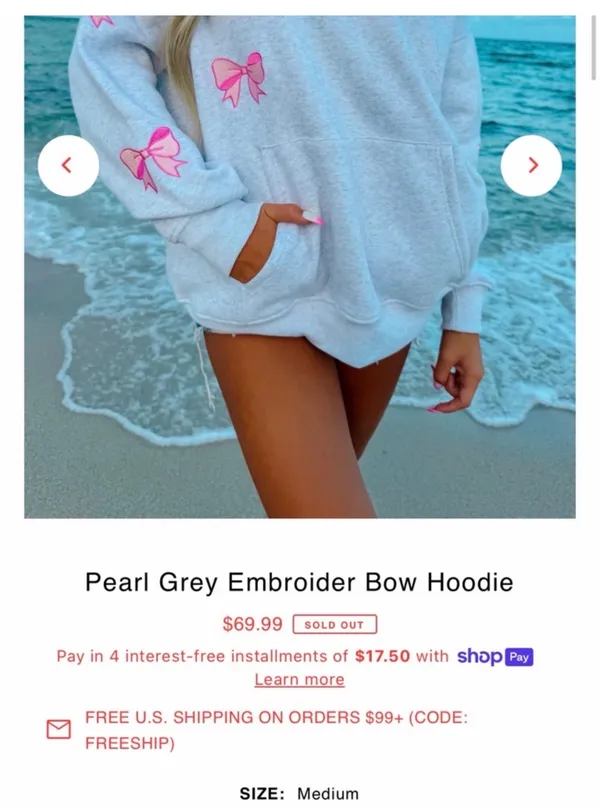 Sunkissed Coconut Light Grey Hoodie with Pink Bow Embroidery - Image 5