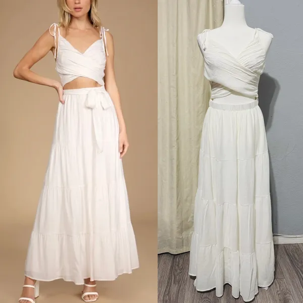 Lulus Ivory Cut Out Maxi Dress M Cottagecore‎ Tie-Strap Celestial Smocked Tiered - Image 2
