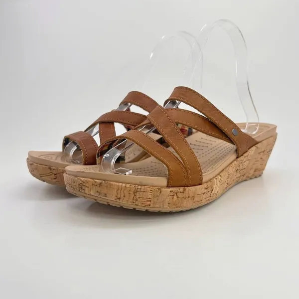 Crocs A-Leigh Leather Cork Wedge Sandals Brown Strappy Slip On Womens 8 Comfort - Image 2