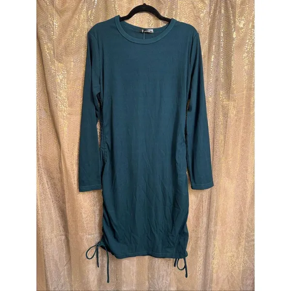 BTFBM Dark Emerald Green Ribbed Long Sleeve Bodycon Side Tie Mini Dress XL - Image 7