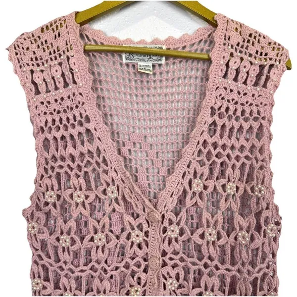 Reference Point Vintage Crochet Tank Top Long Vest Size L Pink Boho Hippie Fairy Embellished Y2K - Image 4