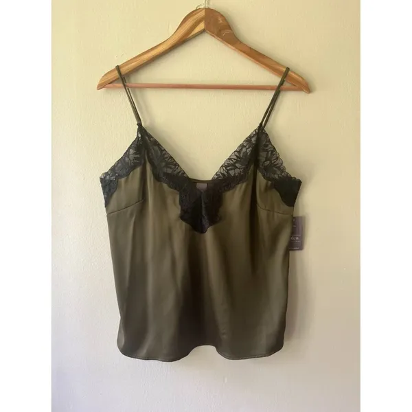 Auden Sz S Lace Trim Satin Pajama Tank Top Olive Green Pullover Cami - Image 2