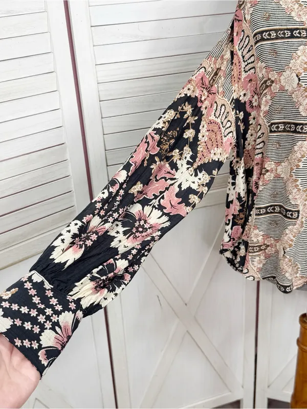 Free People Virgo Baby Floral Boho Oversized Button Up Shirt Black‎ Multi Medium - Image 8