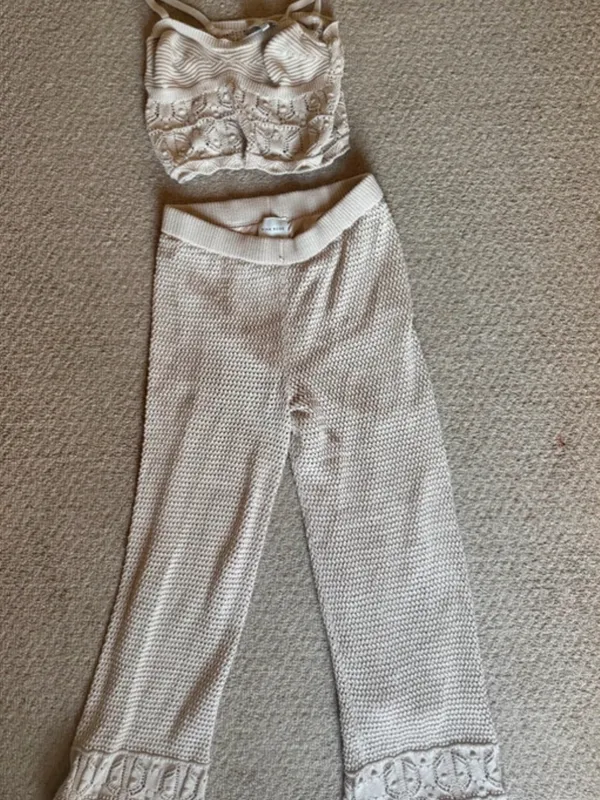 Pink Rose Crochet Knit Bralette and Lounge Pants Set in Cream - Image 3