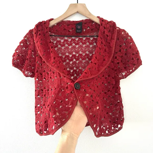 Vintage Y2K Crochet Bolero Shrug Red Buttons Collared Wrapper Indie Cottage S/M - Image 2