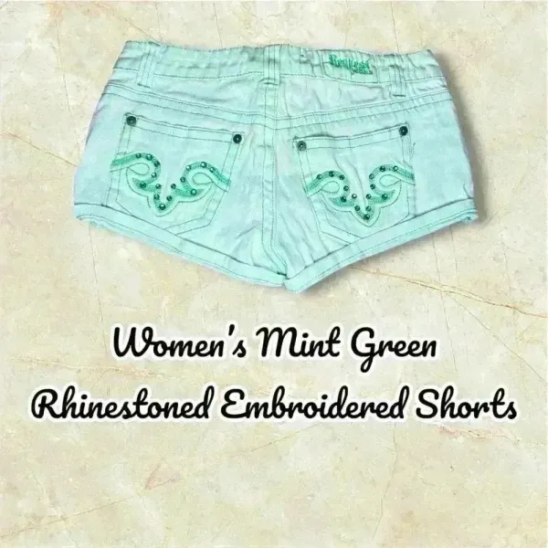 Women’s Mint Green Rhinestone Embroidered Shorts Blue Size 26 - Image 2