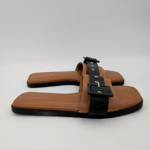 Anthropologie‎ Women Tan Black Leather Buckle Slide Sandals Square Toe Size 37 - Image 2