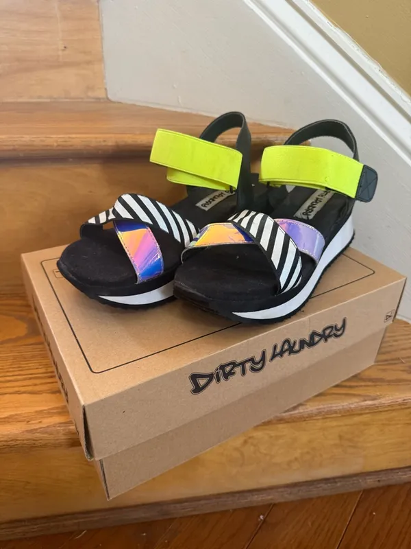 Dirty Laundry Neon Yellow, Black & White Striped Iridescent Wedge Sandals - Image 2
