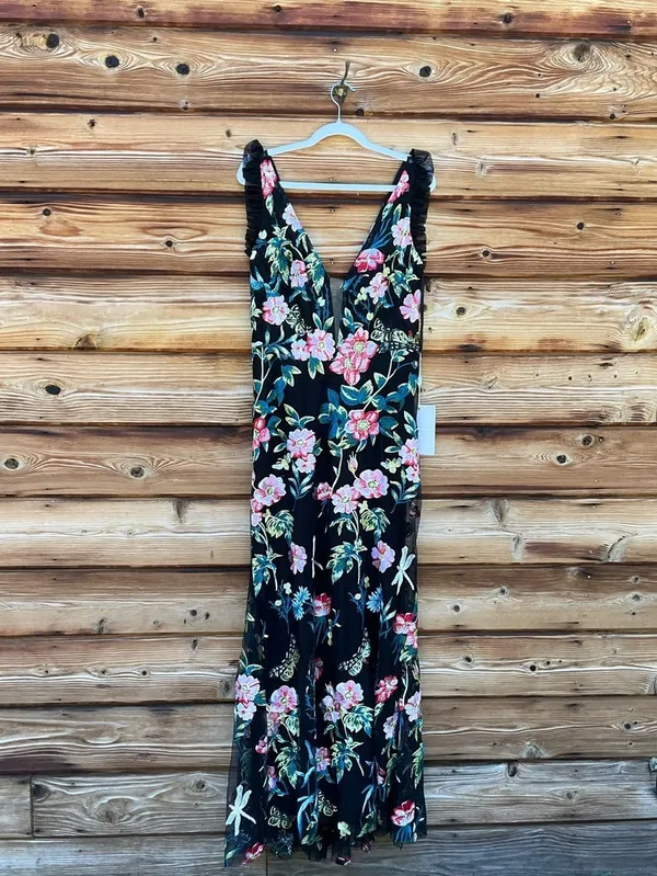 NWT Mac Duggal Embroidered Floral Plunge Neck Trumpet Gown Black Multi Size 10 - Image 7