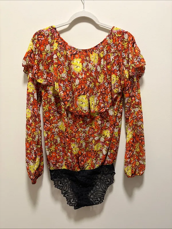Free People Floral Ruffle Long-Sleeve Bodysuit in Orange and Yellow - Image 3