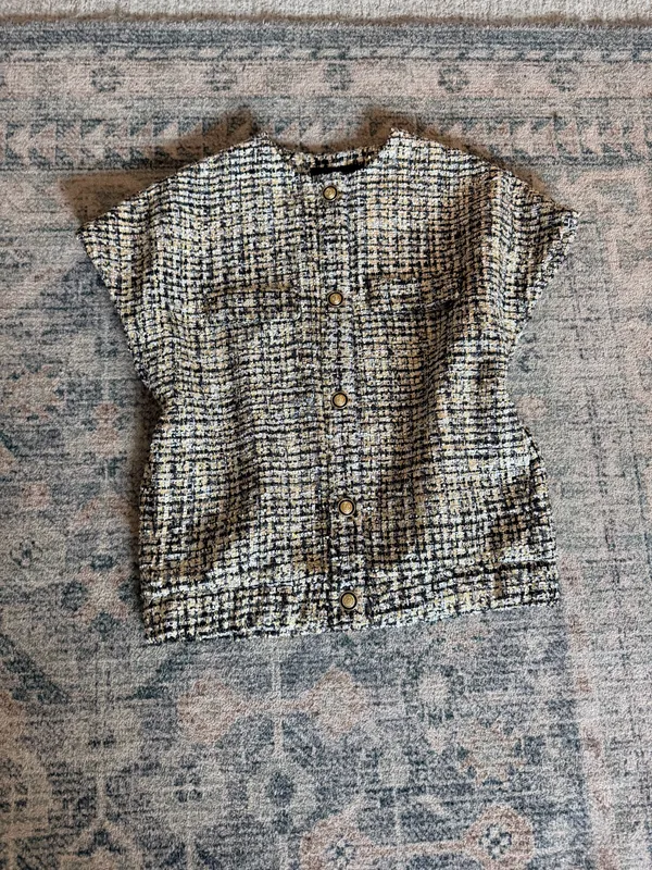 Zara collection black gold sequin tweed button down short sleeve blouse XS S - Image 8