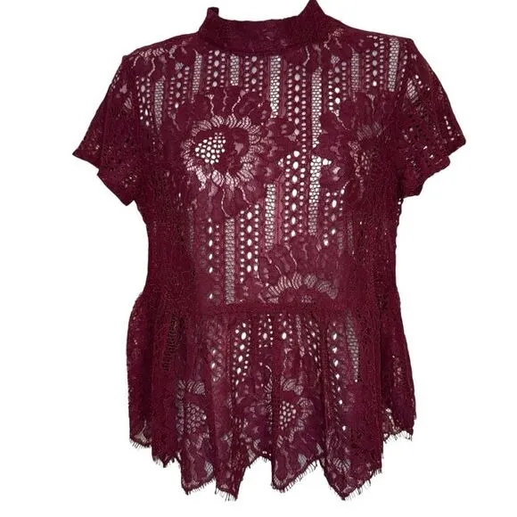 ANTHROPOLOGIE Wine Crochet and Lace Peplum‎ Hem Blouse NWOT Size XS - Image 2