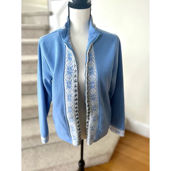 Vintage L.L. Bean Blue Nordic Edelweiss Printed Zippered Fleece - Image 3