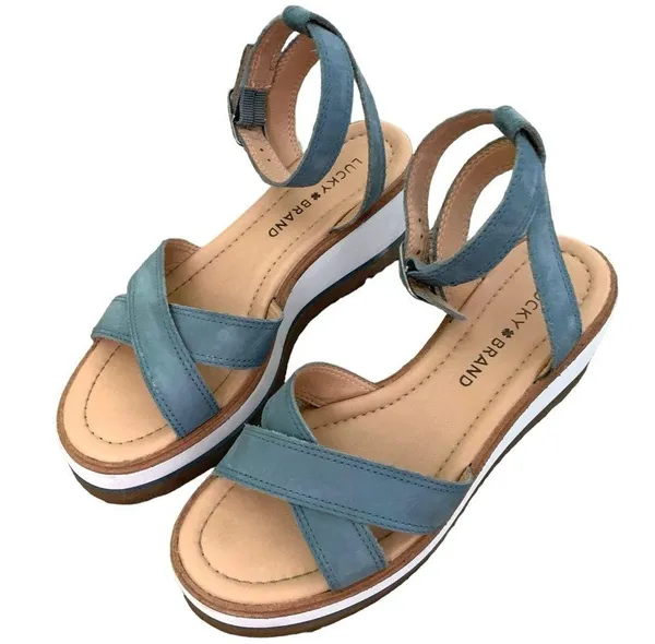 Lucky brand colorblock platform stacked chunky sandals denim blue leather white - Image 5