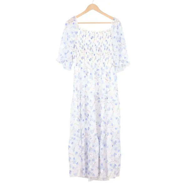 Sissyaki Blue Floral Smocked Midi Dress Square Neck Puff Sleeve Large - Image 6
