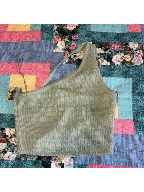 American Eagle Cropped One-Shoulder Olive Green Smocked Crop Top Woman’s Medium - Image 2
