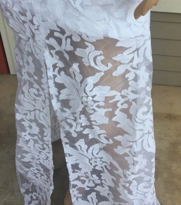 White Lace Long-Sleeve Bridal Gown with V-Neck and Front Slit - Image 7