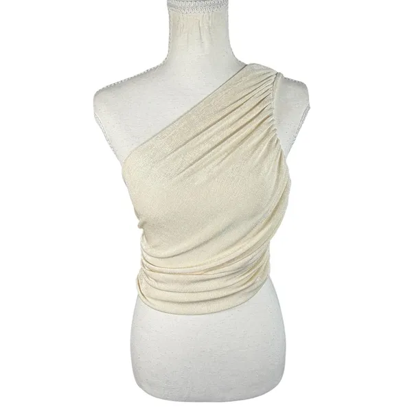 Cream One Shoulder Ruched Top Womens Small Shimmer Stretch Going Out - Image 8