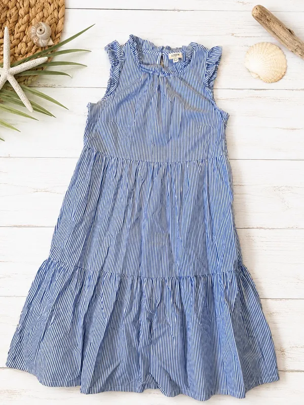 J.Crew Seersucker Coastal Blue White Stripe‎ Tiered Midi Dress Pockets 4P - Image 3