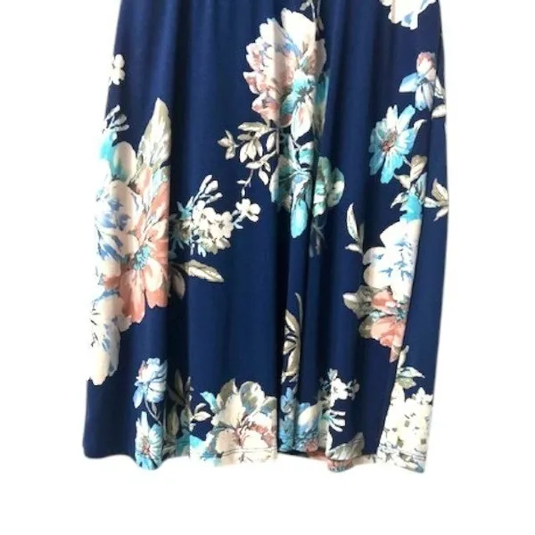 Floral Print Dress S Navy Blue Elastic Waist Stretchy Coquette Cottagecore Beach - Image 9
