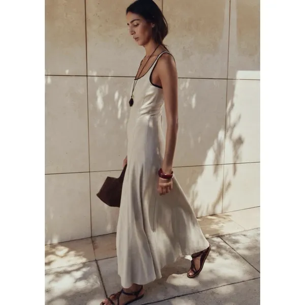Zara Beige Black Trim Tank Maxi Dress Resort Beach Linen Capsule European - Image 9