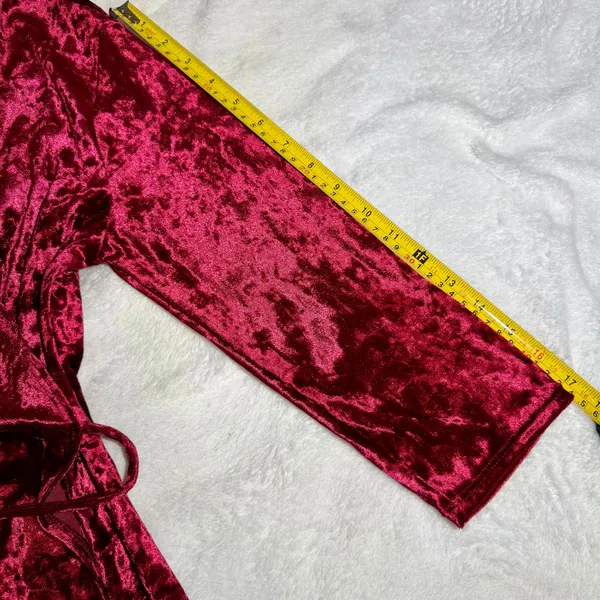 Burgundy Crushed Velvet Long Sleeve Faux‎ Wrap Dress - Image 6