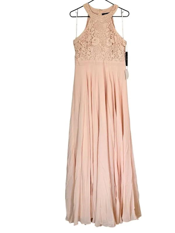 NWT Lulus Picture Perfect Blush Lace Halter Neck Side Slit Maxi Dress - Size: XL - Image 2
