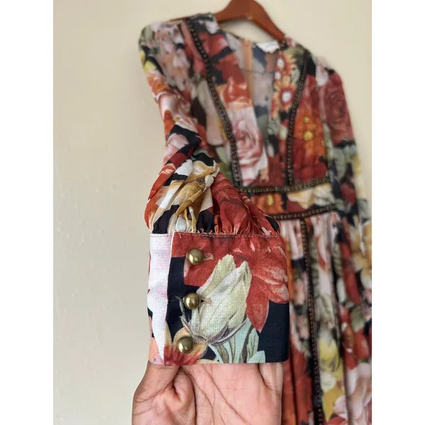L'Atiste Burnt Orange Floral Semi Sheer Deep V Maxi Dress Size Small - Image 5