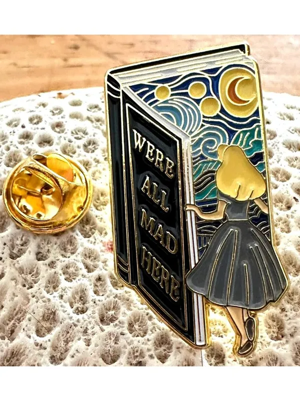 Alice in Wonderland Pin We’re All Mad Here Book Design Starry Night Rabbit Hole - Image 2