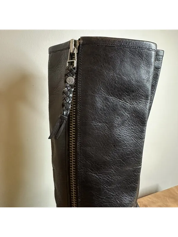 Lucky Brand Black Leather Knee High Boots Braided Zip Pull Block Heel Women's 6 - Image 2