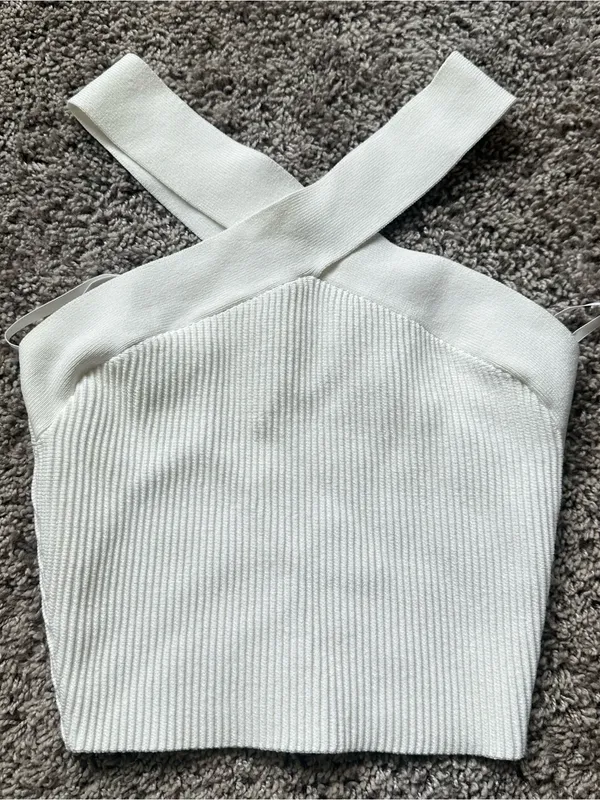 Aritzia White Ribbed Cross-Strap Knit Crop Top - Image 2