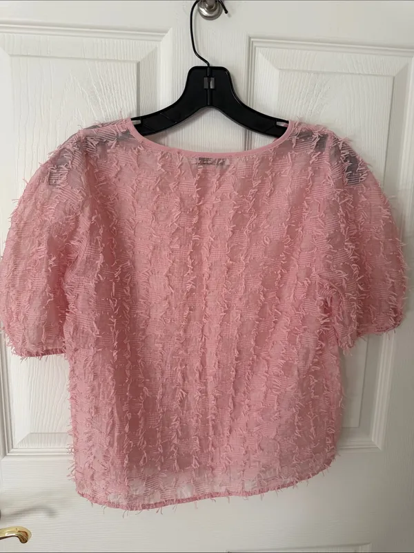 Zara Pink Textured Short Sleeve Top small - Image 3
