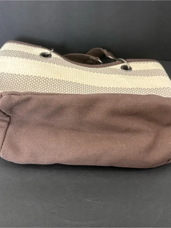 Thirty-One Canvas Crew Mini Taupe Straw Stripe Tote Bag Purse Beige Brown Bag - Image 11