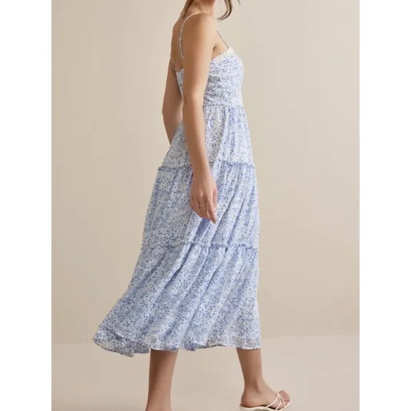 Trixxi Blue White Ditsy Floral Large Tiered Spaghetti Strap Dress Cottagecore - Image 2