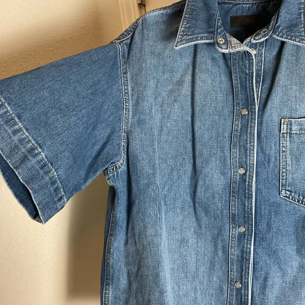 Zara Short Sleeve Denim Shirt Medium Indigo Snap Button Western Top M - Image 4