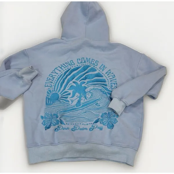 Pink Palm Puff Hoodie Womens Size Small 'Everything Comes In Waves' Blue - Image 2