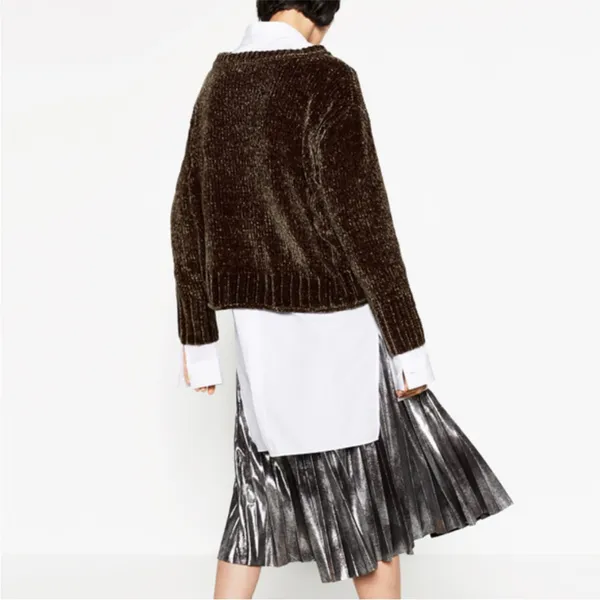 Zara Cropped olive brown chenille oversized wide crew neck sweater M - Image 3